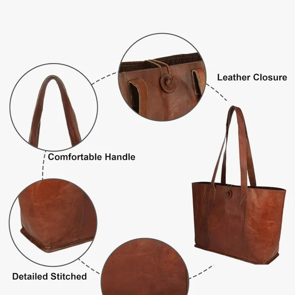 Brown Leather Tote Bag with Spacious Design and Classic Shape - Picture 3 of 12